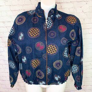 VINTAGE ICE NINE CIRCLE PATTERN DENIM BOMBER JACKET - LARGE